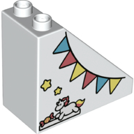Duplo Brick 4 × 2 × 3 Slope 45° with Unicorn, Sweet, and Azure, Coral, and Yellow Bunting Print White