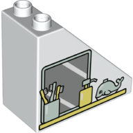Duplo Brick 4 × 2 × 3 Slope 45° with Cup with Toothbrushes, Soap Dispenser, Whale, and Mirror Print White