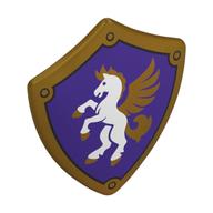 Shield Triangular with Spiked Top with White Horse, Gold Mane, Tail, Hooves on Dark Purple Background print Perlgold