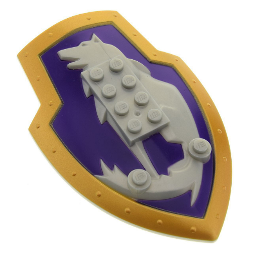 Large Figure Shield, 2 × 4 Brick Relief, Danju Wolf with Dark Purple and Gold Print Perlhellgrau