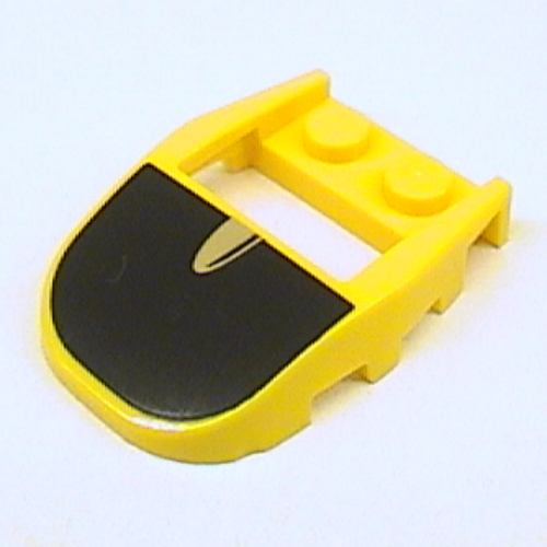 Brick Wedged, Curved 4 × 3 Recessed Back with Opening, Two Studs with Black and Silver Print Gelb