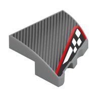Brick Wedged, Curved 2 × 2 with Stud Notch Left with Black Stripes, Black/White Headlight, Red Border print Light Bluish Gray