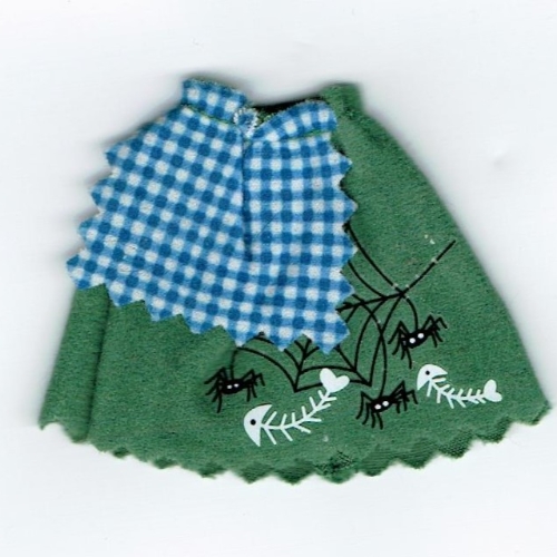 Belville, Skirt, Long with Spiders, Web and Fishbones Print with Blue and White Check Apron Dunkelgrün
