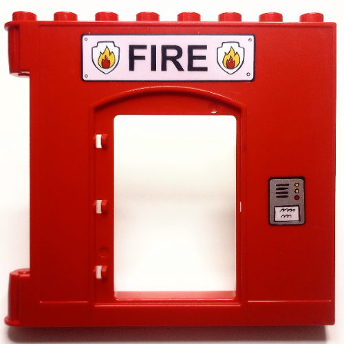 Duplo Building Wall 1 × 8 × 6, with Door Opening and Fire Logo Print Red