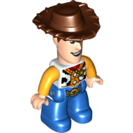Duplo Figure with Cowboy Hat, Blue Legs, and Cow Skin Vest Print (Woody) Weiß
