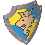 Duplo Shield, Angled Triangle with Lion Looking Right and Crown on Yellow and Blue Background Print Perlhellgrau
