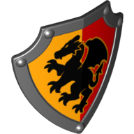 Duplo Shield, Angled Triangle with Black Dragon on Yellow and Red Background Print Black