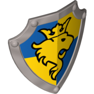 Duplo Shield, Angled Triangle with Lion Looking Left and Crown on Yellow and Blue Background Print Pearl Light Gray