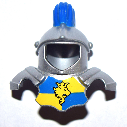 Duplo Armor with Blue Top Feather and Blue and Yellow Breastplate with Lion and Crown Print Metallic Silver