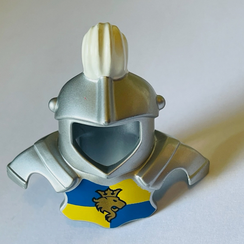 Duplo Armor with White Top Feather and Blue and Yellow Breastplate with Lion and Crown Print Metallic Silver