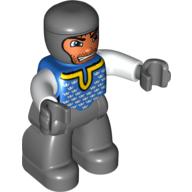 Duplo Figure with Rounded Head with Dark Bluish Gray Legs, Blue Chest, White Arms, Dark Bluish Gray Hands Blau