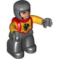 Duplo Figure with Rounded Head with Black Legs, Red Chest, Bright Light Orange Arms, Dark Bluish Gray Hands Red