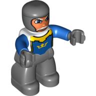 Duplo Figure with Rounded Head with Dark Bluish Gray Legs, White Chest, Blue Arms, Dark Bluish Gray Hands (Old Knight) White