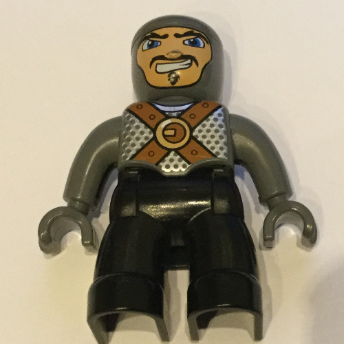 Duplo Figure with Rounded Head with Black Legs, Dark Bluish Gray Chest with Brown Belts, Dark Bluish Gray Arms, Dark Bluish Gray Hands Dark Bluish Gray