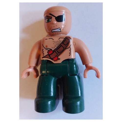 Duplo Figure with Rounded Head with Dark Green Legs, Chest Belt with Dynamite, Eyepatch Print (Pirate) Nougat