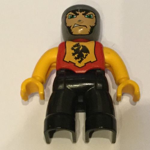 Duplo Figure with Rounded Head with Black Legs, Red Chest, Bright Light Orange Arms and Hands, Smirk Red