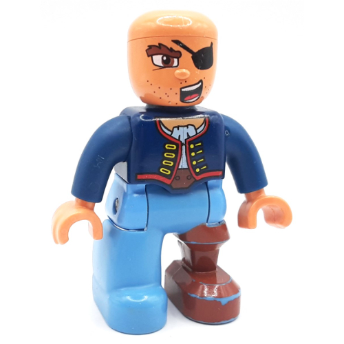 Duplo Figure with Rounded Head with Peg Leg, Jacket with Ascot, Eyepatch Print (Pirate) Dark Blue