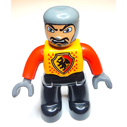 Duplo Figure with Rounded Head with Black Legs, Black Dragon on Shield, Red Arms, Dark Bluish Gray Hands, Angry Print Bright Light Orange