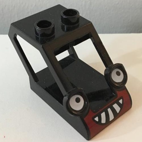 Duplo Backhoe Cabin Sloped 2 × 4 × 2 with Headlight Eyes and Dark Red / White Grille Print (Benny) Black