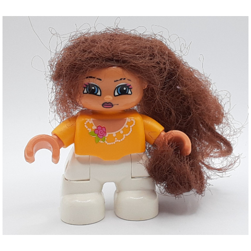 Duplo Figure with Soft Hair Brown, White Legs, Lace Collar with Pink Flower Print Bright Light Orange