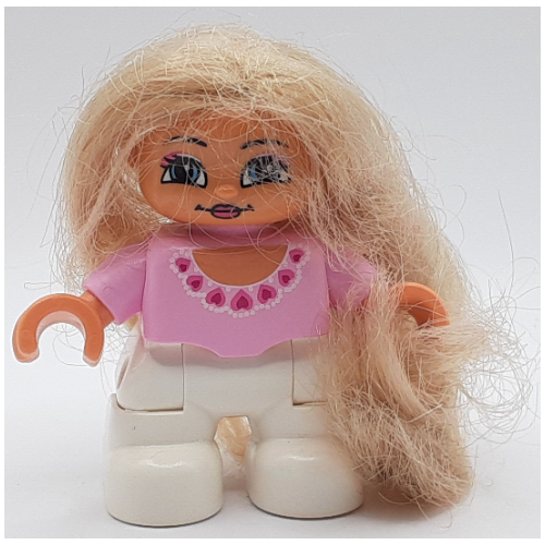 Duplo Figure with Soft Hair Blonde, White Legs, Round Neck with Dark Pink Hearts Print Leuchtrosa