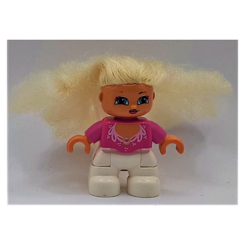 Duplo Figure with Soft Hair White, White Legs, Ornate Bright Pink Collar Print Dark Pink