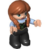 Duplo Figure with Two Braids Dark Orange, Black Legs, Filigree Design Print (Anna) Bright Light Blue