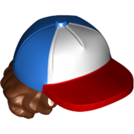 Hair and Hat, Cap with White and Red Front and Reddish Brown Curly Hair Blau