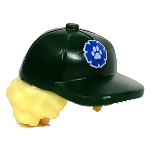 Hair and Hat, Cap with Blue 'RESCUE' Logo, Bright Light Yellow Curly Hair Pattern Dark Green
