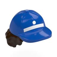 Hair and Hat, Cap with White Stripe, Dot and Dark Brown Curly Hair Blue