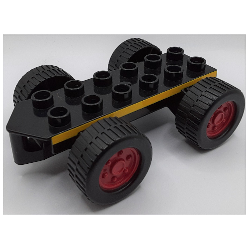 Duplo Car Base 2 × 6 with Four Black Wheels and Dark Red Hubs with Yellow Stripes Print Schwarz