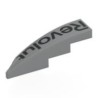 Brick Wedged, Curved 1 × 4 with Stud Notch Right with Black 'Revolut' print Hellblaugrau