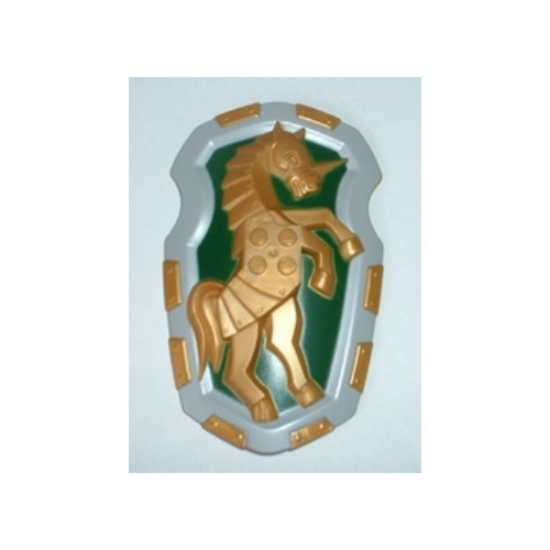 Large Figure Shield, 2 × 2 Brick Relief, Armored Horse (Unicorn) with Dark Green and Light Bluish Gray Print Perlgold