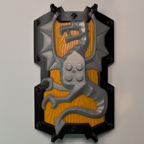 Large Figure Shield, 2 × 2 Brick Relief, Dragon with Bright Light Orange and Black Print Perlhellgrau