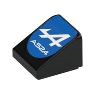 Brick Sloped 30° 1 × 1 × 2/3 (Cheese Slope) with White 'A', 'A524' on Blue Background print Black