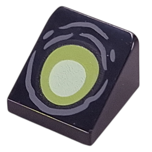Brick Sloped 30° 1 × 1 × 2/3 (Cheese Slope) with Lime/Yellowish Green Eye, Dark Bluish Grey Wrinkles print Black