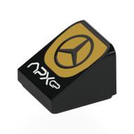 Brick Sloped 30° 1 × 1 × 2/3 (Cheese Slope) with Mercedes Logo on Orange Circle, White 'APX GP' print Black
