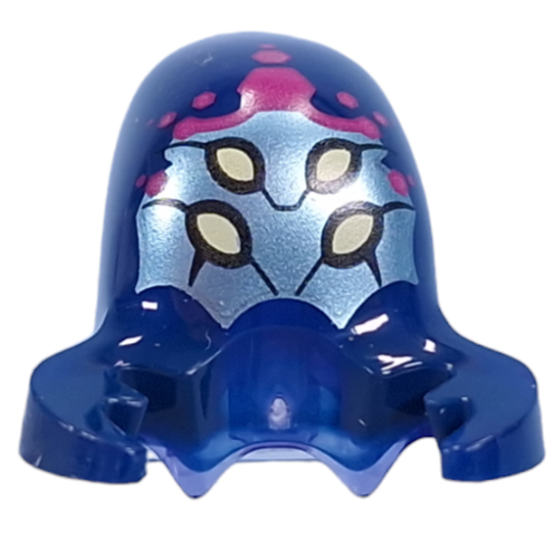 Minifig Head Alien with Stretched Head, with Dark Blue Claws Pattern, Metal Sand Green Face, 4 Bright Light Yellow Eyes, Magenta Hexagons print Trans-Purple