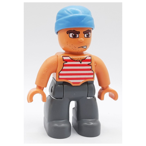 Duplo Figure Pirate with Head Wrap, Dark Bluish Gray Legs, Red and White Striped Vest Print Nougat