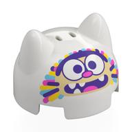 Brick Round 2 × 2 Dome Top with 2 Ears with Tan Cat Face, White Eyes, Dark Pink Nose, Dark Purple Eyebrows, Mouth, Yellow/Medium Blue/Dark Pink/Dark Purple Streaks print Weiß