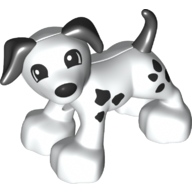Duplo Tier Hund große Pfoten mit schwarzen Ohren, Schwanz und Flecken, nach rechts blickende Augen (bedruckt)