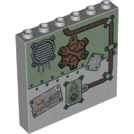 Panel 1 × 6 × 5 with Vent Cover, Crossed Wrenches, Cable, Drawing of truck, Big Red Button, Rib-bits print Light Bluish Gray