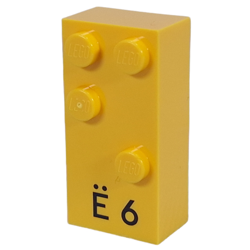 Braille Brick 2 × 4 with 4 Studs ⠫ and 'Ë 6' print Yellow