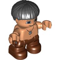 Duplo Figure Child with Straight Hair Black, Reddish Brown Legs, Stone Necklace Print (Caveman) Nougat