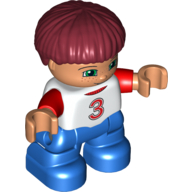 Duplo Figure Child with Straight Hair Dark Red, Blue Legs, White Top with Red '3' Print Weiß