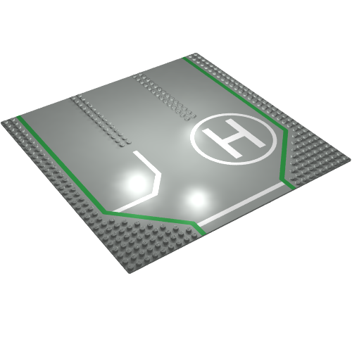 Grundplatte 32 × 32 mit 9-Noppen-Gerade, 3 Spuren und Hubschrauberlandeplatz (bedruckt)
