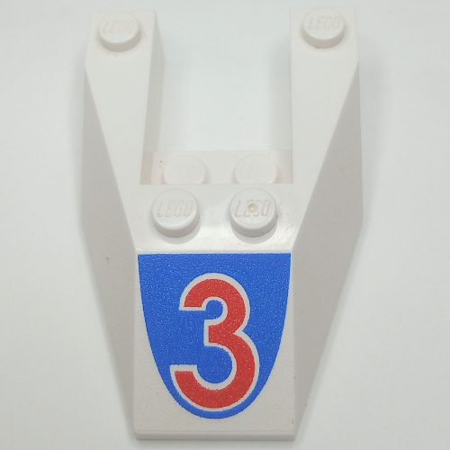 Brick Wedged, Sloped 6 × 4 Cutout, No Stud Notches with Red '3' Print Weiß