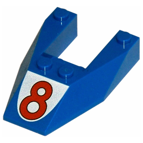 Brick Wedged, Sloped 6 × 4 Cutout, No Stud Notches with Red '8' Print Blue