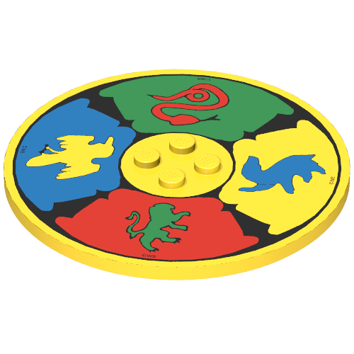 Plate Special Round 8 × 8 with 2 × 2 Center Studs with Snake, Lion, Bird, and Badger (Sorting Hat) Print Yellow