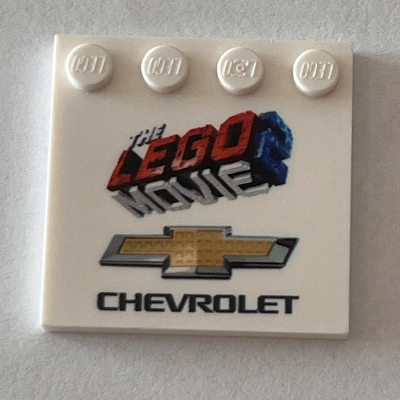 Plate Special 4 × 4, Studs on One Edge with 'THE LEGO MOVIE 2' and 'CHEVROLET' Logos Print White